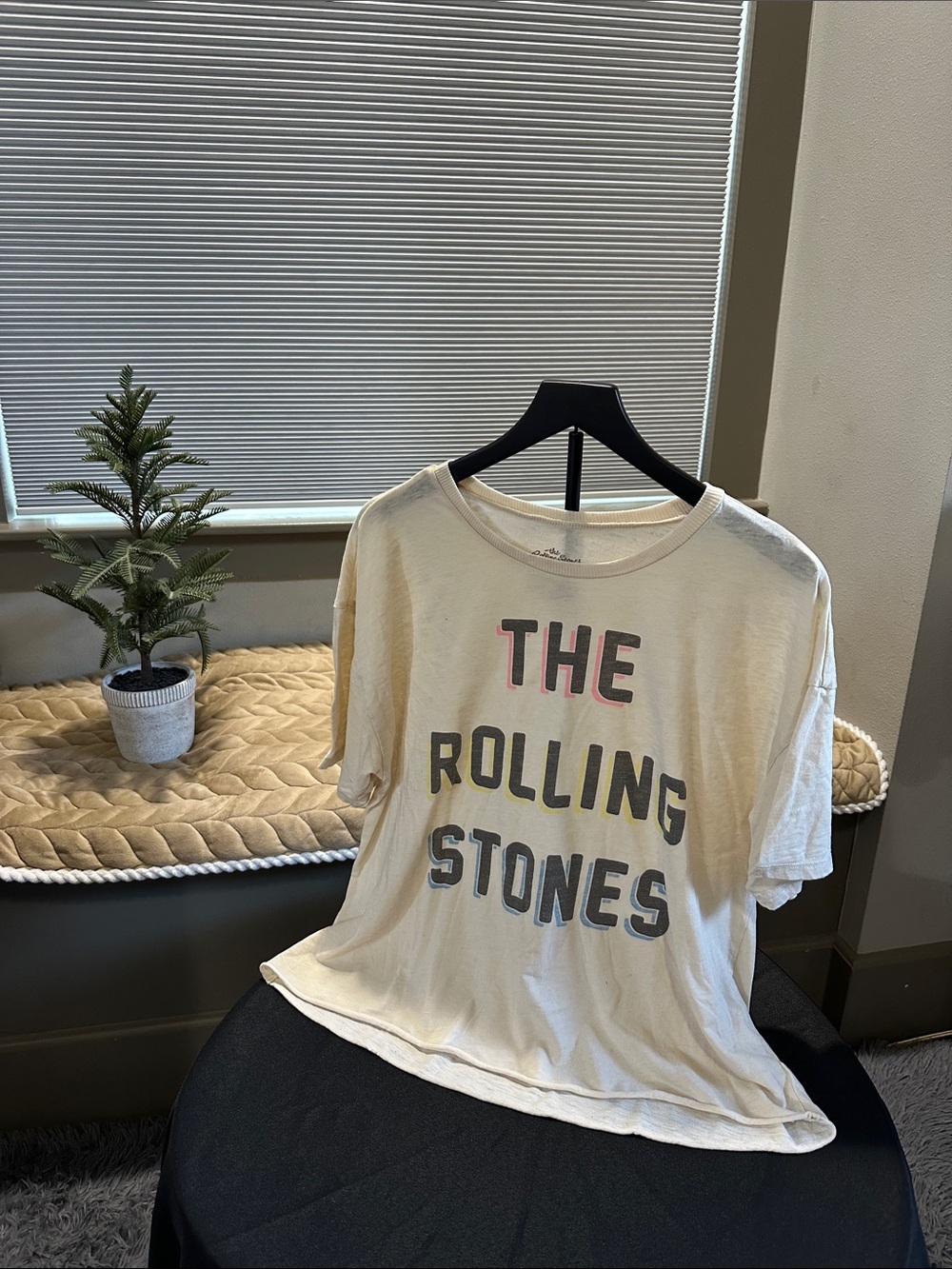 the Rolling Stones Cream Crop Top with Pink & Gray Lettering